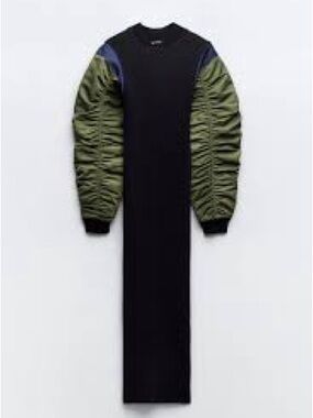 ZARA Black Midi Dress with Olive Ruched Bomber Sleeves